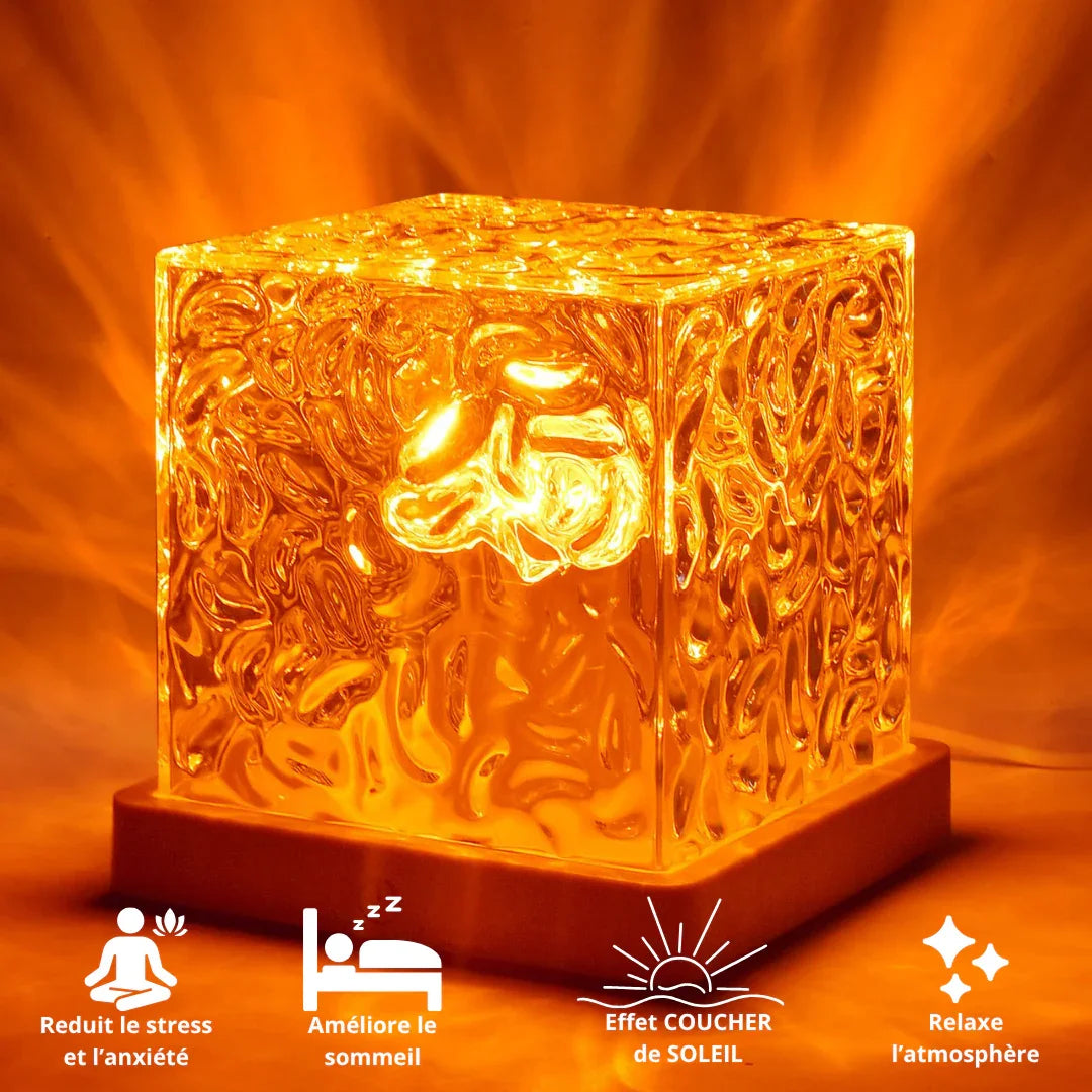 Lampe LED cube effet coucher de soleil, ambiance relaxante et décoration moderne